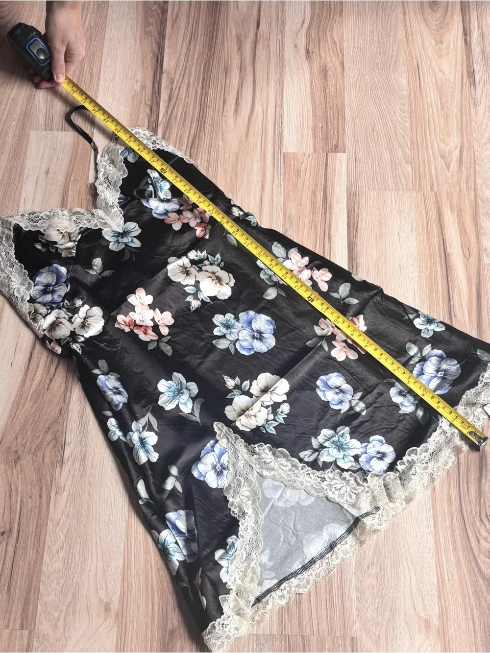 Amazon Black Floral Satin Lace-Trim Chemise with Blue & Blush Flowers